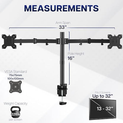 VIVO Dual Monitor Desk Mount, Heavy Duty Fully Adjustable Stand, Fits 2 LCD LED Screens up to 32 inches and 22 lbs Each, Black, STAND-V032 - color: Black, size: 13" - 32"