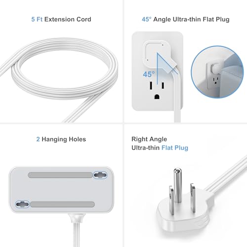 Surge Protector Power Strip, REALMADE 4 AC 4 USB Power Strip, Flat Plug Outlet Extender, 5Ft Extension Cord, Wall Mount Desk Charging for Home Office， Gray & White - size: 5FT