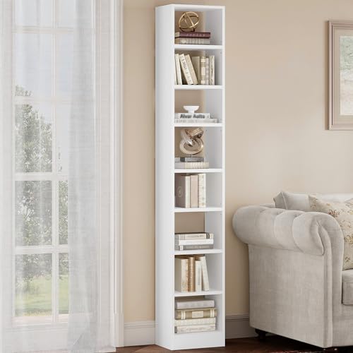 Hzuaneri Bookcase, Tall Narrow Bookshelf, Open Display Storage Shelf | Skinny Cube Book Shelf with Adjustable Shelves, CD Rack for Living Room,Office 8-Tier(9.4 x 11.8 x 72 inch) White BC89603X - color: White, size: 8-Tier(9.4 x 11.8 x 72 inch)
