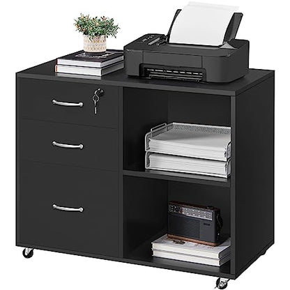 Yaheetech Mobile File Cabinet with Lock, 3-Drawer Printer Stand, Black | Lockable drawer, open shelves, and a printer top organize office files; mobile wood-finish cabinet on wheels, holds 220 lb. - color: Black