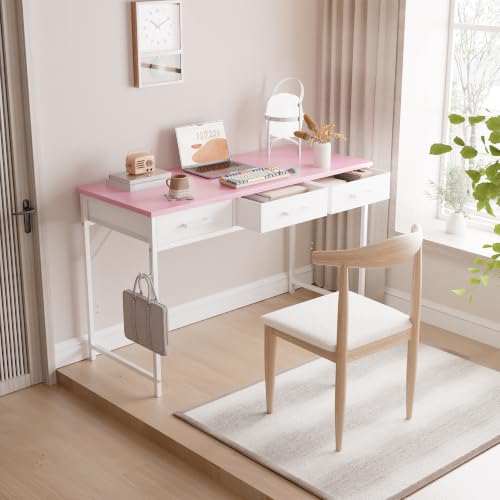 Pamray 47 Inch Small Computer Desk with 3 Drawers for Bedroom Study Writing Home Office Table for Small Spaces Pink - color: Pink, size: 47 Inch