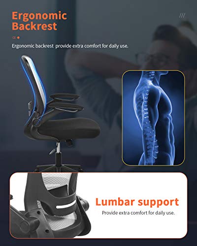 Office Chair Desk Computer Chair with Lumbar Support Flip-up Arms Swivel Rolling Executive Task Mesh Adjustable Ergonomic for Adults(White) - color: White