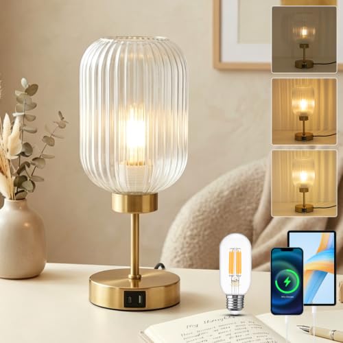 LAMSU Vintage Gold Touch Table Lamp, Small Desk Lamp with Clear Glass Shade, Bulb, Charging Port, Mid Century Modern Bedside Lamp, 3 Way Dimmable Nightstand Lamp for Bedroom Living Room Home Decor - color: Clear