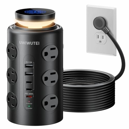 Tower Power Strip with Night Light,PD20W USB C Power Strip Tower with Multiple Outlets, 12 Outlets,5 USB Ports (3 USB-C), 6FT Extension Cord Desk Charging Station for Home,Office,Dorm Essentials,Black - color: Black, size: 6FT with Night Light