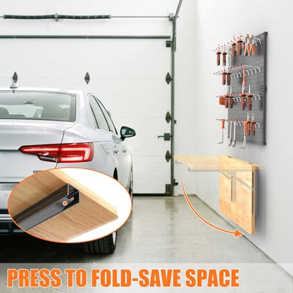 TORACK Heavy Duty Wall Mounted Folding Workbench with Pegboard Kit | Space-Saving Collapsible Wall Table/Desk with Tools Pegboard for Garage, Workshop, Holds up to 150 lbs, Size: 31.5x15.75 in - size: 31.5x15.75in tabletop