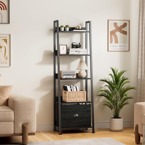 Furologee Ladder Shelf, Ladder Bookshelf with Drawer, Industrial 5 Tier Book Shelf, Display Open Bookcase Storage Shelves for Books, CDs, Photos, Black Shelving Unit for Home Office, Living Room