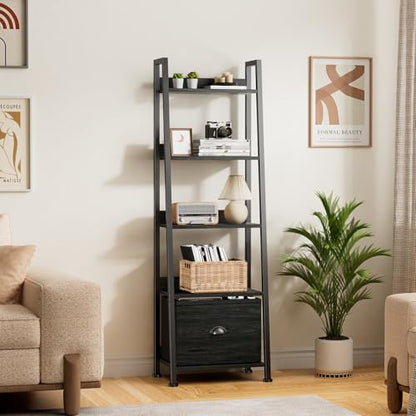 Furologee Ladder Shelf, Ladder Bookshelf with Drawer, Industrial 5 Tier Book Shelf, Display Open Bookcase Storage Shelves for Books, CDs, Photos, Black Shelving Unit for Home Office, Living Room