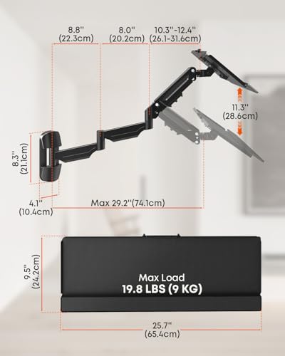 Extra Long Keyboard Wall Mount - 26 Inch Wall Mount Keyboard and Mouse Tray, Full Motion Typing Platform with Spring Arm, Holds up to 19.8 lbs, Black