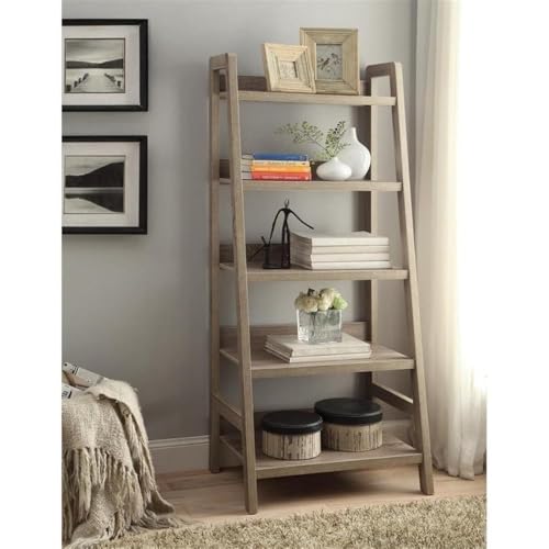Riverbay Furniture 5-Shelf Ladder Bookshelf, 25.75" W x 18" D x 60.13" H, MDF Wood with Gray Wash Finish, Modern Coastal Style, Open Display Bookcase for Living Room, Bedroom or Home Office