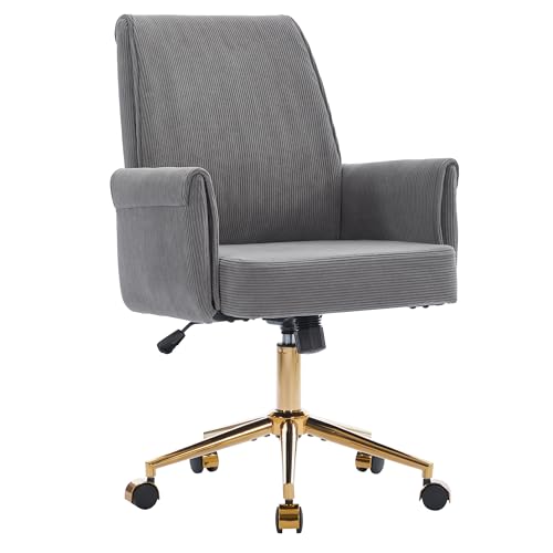 YITAI Stripes Velvet 360°Swivel Desk Chair, Modern Height Adjustable Home Office Armchair with Gold Base and Wheels for Vanity, Comfy Computer Chair for Study Living Room Bedroom（Gray） - color: Grey