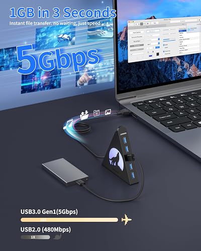 7-Port USB 3.0 Hub, Vertical USB Hub Splitter with RGB Lighting,5Gbps High-Speed Data Transfer and 2FT Extension Cable, Compatible with PC, MacBook, Laptop, PS5, Xbox, Flash Drive, Printer - color: 1-Black