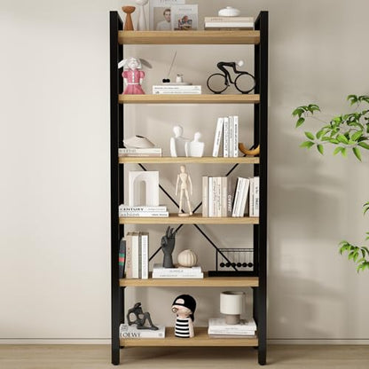 Real Solid Wood Rustic Vintage Industrial Etagere Bookshelf, Metal & Timber Free Vintage Bookcase, Retro Brown (Genuine Timber) (6-Tiers-Natural Finish) - size: 6-Tiers-Natural finish