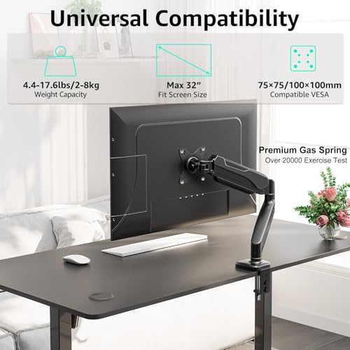 Redragon GMK914 Single Monitor Mount Stand - Gas Spring Adjustable Arms with VESA 75/100mm, 13-32 Inch Screen Compatibility, C Clamp & Grommet Base, Cable Management, 17.6lbs Load Capacity - size: Up to 32" Screens