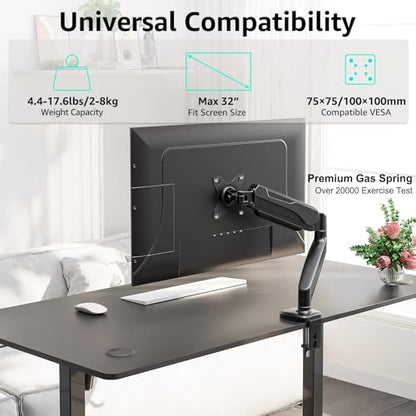Redragon GMK914 Single Monitor Mount Stand - Gas Spring Adjustable Arms with VESA 75/100mm, 13-32 Inch Screen Compatibility, C Clamp & Grommet Base, Cable Management, 17.6lbs Load Capacity - size: Up to 32" Screens