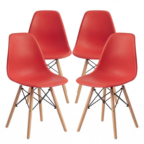 Furmax Modern Style Dining Chair Mid Century Modern DSW Chair, Shell Lounge Plastic Chair for Kitchen, Dining, Bedroom, Living Room Side Chairs Set of 4 - color: Red