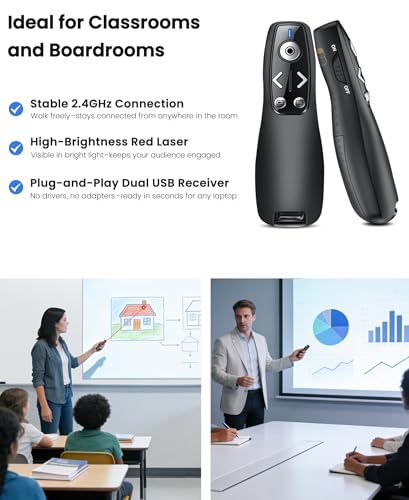 Presentation Clicker with USB-A & USB-C Receiver, 2.4GHz Wireless Presenter Remote with Volume Control & Red Light Pointer, Clicker for PowerPoint Slides Slide Advancer for Mac Computer, Plug & Play - color: Black