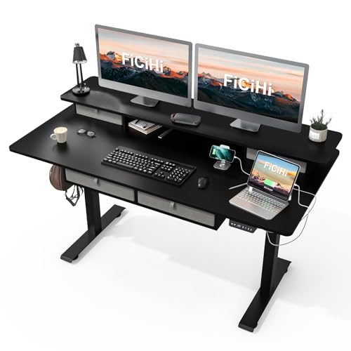 FiCiHi 55x30Inch Standing Desk with Drawers,Electric Height Adjustable Desk | Computer Sit Stand Desk,Large Workspace, 30 Inch Deep Home Office Desk with Monitor Stand, USB Charging Port,Cable Management - color: Classical Black, size: 55*30inch