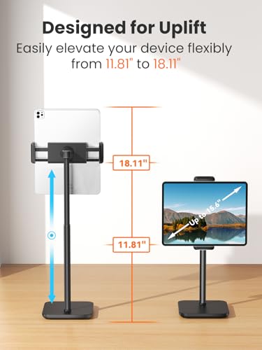 tounee Height Adjustable Tablet Stand, 3.5lb (1.6kg) Max Support, Up to 18" Tall, Slim Portable Monitors Stand Compatible with iPad Pro 12.9, Surface Pro, All 4.7"-15.6" Devices - Black - color: Black