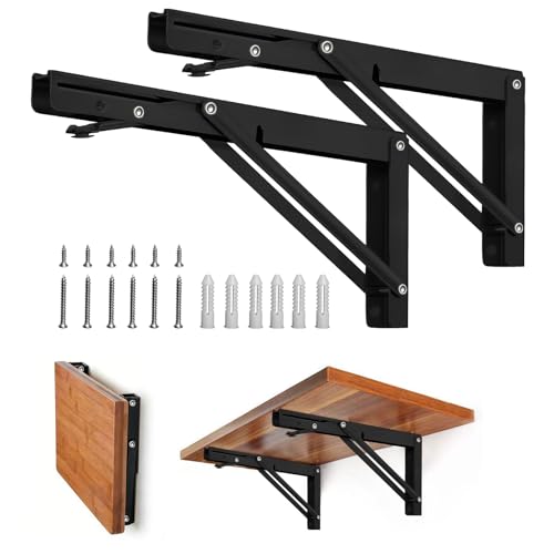 Storystore Folding Shelf Brackets - 8 Inch Heavy Duty Metal Collapsible Shelf Bracket for Bench Table, Shelf Hinge Wall Mounted Space Saving DIY Bracket, Max Load: 150 lb (2 PCS, Black) - size: 8 Inch