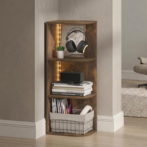 Furinno PASIR Book Shelf with LED Lights, 3-Tier Corner Bookshelf, Open Shelves Bookcase, 9.3 x 12 x 31.5, for Home Office, Living Room, Study Room, Amber Pine - color: Amber Pine, size: 3-Tier LED