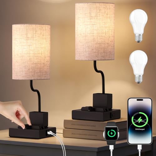 EOEYYOYB Set of 2 Vintage Table Lamps, Stepless Dimmable with AC Outlet, USB A & C Charging Port, Multifunctional Base Bedside Lamps for Living Room, Bedroom, Office Reading, Black - color: Black, size: 2 Sets