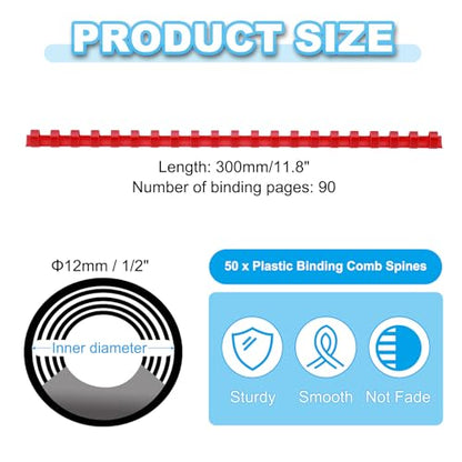 PATIKIL 12mm (1/2") Plastic Binding Combs, 50 Pcs 21 Rings Comb Binding Spines 90 Sheet Capacity Letter Size for Binding Paper Sheets, Red - color: Red, size: 12mm