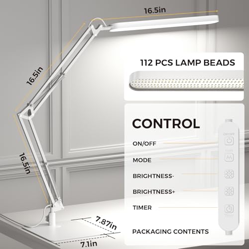 SKYLEO LED Desk Lamp with Slim Base - Adjustable Swing Arm Desk Light, Dimmable, Timer, Eye Protection, Memory Function, 1300LM, 12W, White - style: White swing arm with Base
