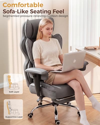 COMHOMA Big and Tall Office Chair Heavy Duty Gaming Chair with Deluxe Embossing Leather High Back Wider Ergonomic Computer Chair with Foot Rest 145°Reclining Pocket Spring Lumbar Support - color: Warm Gray
