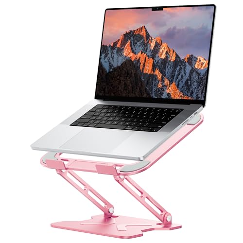 JCZT Adjustable Laptop Stand for Desk, Metal Foldable Laptop Riser, Pink | Ergonomic Portable Laptop Stand, Ventilated Cooling Computer Notebook Holder for MacBook Air Pro, All 10-16'' Laptops - color: Pink
