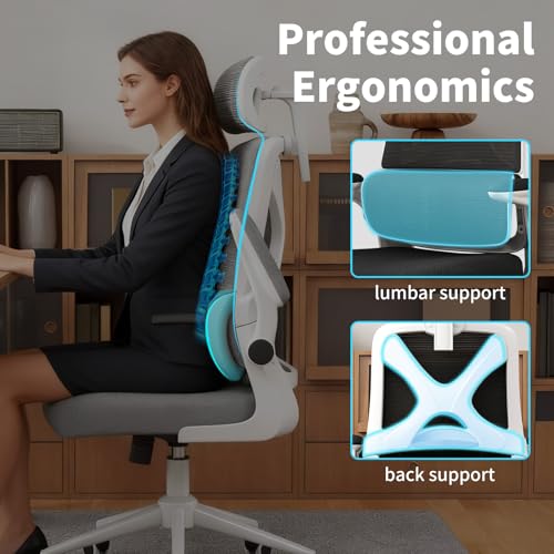 Ergonomic Office Chair - Desk Chair with Adjustable Headrest Lumbar Support Computer Chair - Mesh Comfy Chair with Flip-up Armrests - Gaming Chairs for Adults Home Office 330 LBS (White+Black) - color: White+black