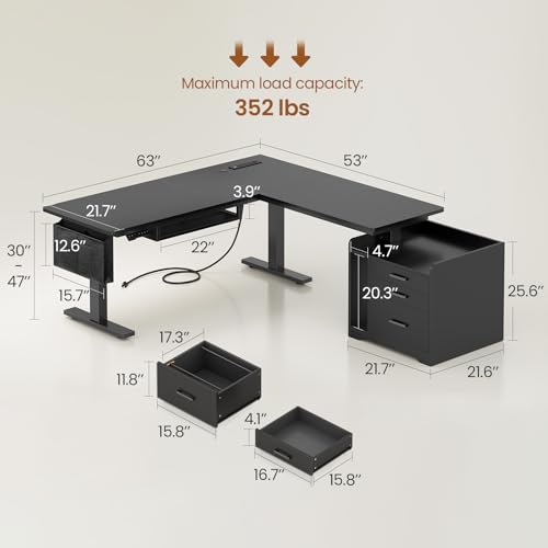 SEDETA L Shaped Electric Standing Desk with File Cabinet, 63 x 53'' Height Adjustable Home Office Computer Desk with Drawers, Power Outlet, Stand up Gaming Table with Led Lights, Keyboard Tray, Black - color: Black, size: 63 x 53'' L Shaped Standing Desk