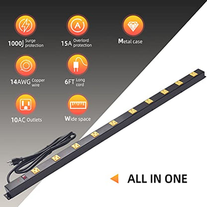 10-Outlet Heavy Duty Power Strip Surge Protector Metal Long Extension Cord 6-Foot, Black(1000J) - size: 2pack