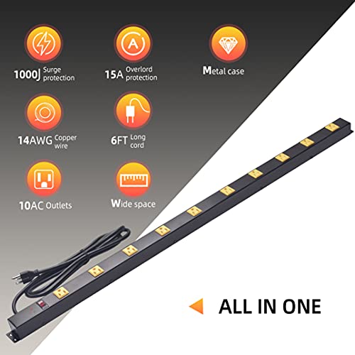 10-Outlet Heavy Duty Power Strip Surge Protector Metal Long Extension Cord 6-Foot, Black(1000J) - size: 2pack