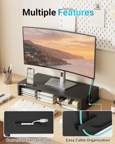 1home Ergonomic Monitor Stand Riser, 21.3 Inch Wood Desktop Stand with Cellphone Holder and Cable Management, Black - color: Black, size: 21.3 x 10 x 4 inches
