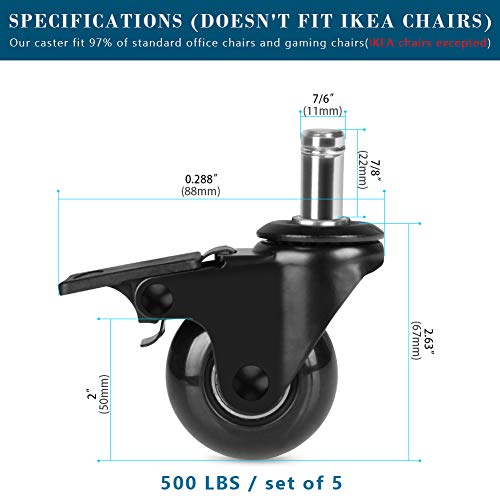 Hirate 5 Pack 2 inch Office Chair Caster Wheel Universal Stem 7/16" x 7/8" - color: Single Brake, size: 2"