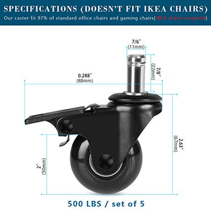 Hirate 5 Pack 2 inch Office Chair Caster Wheel Universal Stem 7/16" x 7/8" - color: Single Brake, size: 2"