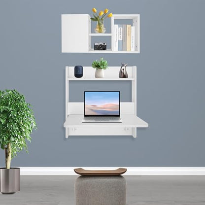 Floating Desk, 24" Wall Mounted Folding Desk with Bookshelf Folding Wall Desks Space Saving Workstation with Storage Shelves for Home Office Bedroom Study Room Small Space - color: White