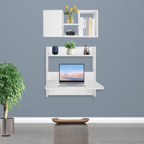 Floating Desk, 24" Wall Mounted Folding Desk with Bookshelf Folding Wall Desks Space Saving Workstation with Storage Shelves for Home Office Bedroom Study Room Small Space - color: White