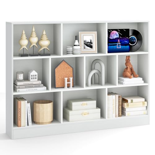 Tangkula 10-Cube Bookshelf, 55”L Floor Bookcase with 2 Anti-Tipping Kits, Freestanding Storage Organizer, 4-Tier Display Shelf for Home, Office & Dorms (White, 10-Cube-Large) - color: White, size: 10-Cube-Large