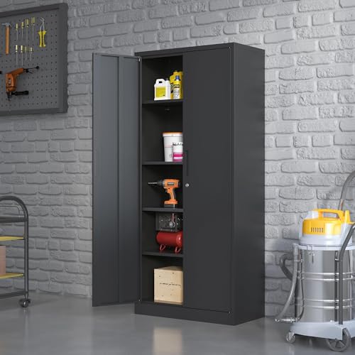 Metal Storage Cabinet for Garage, Tool Cabinet, Utility Cabinet - color: Black, size: L - 2 Doors & 5 Shelves (Wheelless)