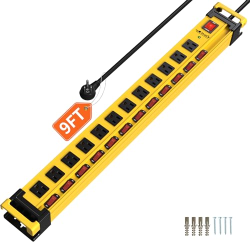 Plug'n 12 Outlet 13 Individual Switches,3300J Surge Protector Power Strip,9FT/14AWG/15AMP/1875W Power Cord,Heavy Duty Metal Power Strip with Cord Manager for Workshop,Garage,Shop - size: 12 Outlet, style: 9FT