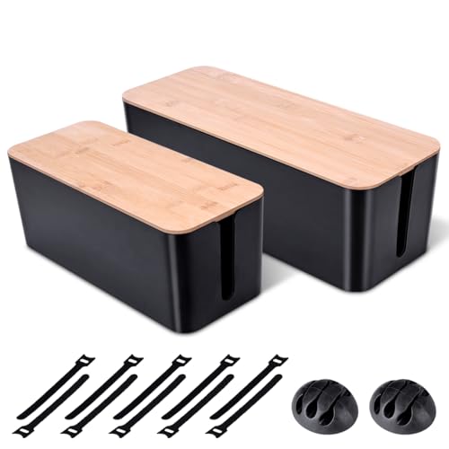 2Pack Cable Management Box,Wooden Style Cord Organizer Cord Hide Box | Cable Organizer for TV Wires, Computer, USB Hub & Under Desk Power Strip, ABS Material, Baby Proof, Home & Office(Black) - color: Black