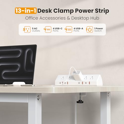 VILONG Desk Clamp Power Strip USB C 65W,Edge Mount Outlet,6FT,White - color: White