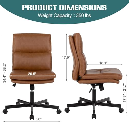 LUCKWIND Armless Office Desk Chair with Wheels, Mid-Back Criss Cross Swivel Task Chair, Height Adjustable Cushioned Vanity Chair, Double Padded PU-Leather Chairs for Home, Office & Bedroom (Brown) - color: Brown