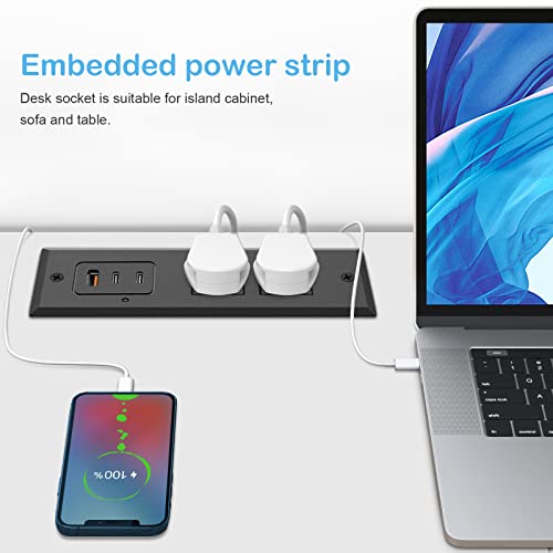 CCCEI Recessed Power Strip with Two USB-C Ports, Fast Charging USB A Port Desk Outlet, Black Furniture Hidden Charging Station for Side Table, End Table, with 6 FT 45 Degree Flat Plug Extension Cord. - size: 6FT, style: 20W USB-C
