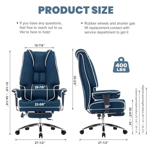 EXCEBET Big and Tall Executive Office Chair 400lbs Wide Seat, Mesh Grey | Retractable footrest, 135° recline, Lumbar support, Ergonomic high back, Breathable mesh, Thick cushion, Padded armrests - color: Mesh Blue