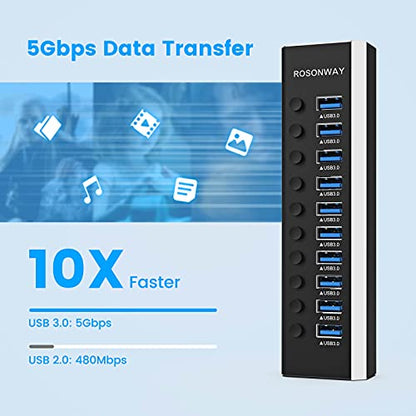 10-Port Powered USB Hub, Aluminum USB 3.0 Data Hub 36W, RSH-A10 | USB Extender Hub Splitter with 12V/3A Power Adapter and Individual On/Off Switches, for Laptop and PC - size: 10-Port Powered USB Hub
