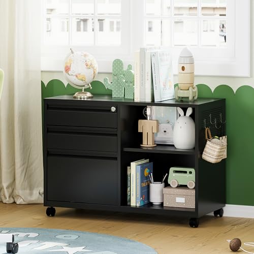 Letaya Mobile 3 Drawer File Cabinet with Lock-Metal Lateral Rolling Printer Stand Filing Cabinets for Home Office-Storage A4/F4/Letter (Black) - color: Black, size: Left 3 Drawers-Basic