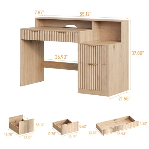 Vabches Fluted Computer Desk with Drawers, Home Office Desk with Power Outlets, Printer Stand and Storage Cabinet, Study Writing Desks with Long Monitor Stand, Oak - color: Oak