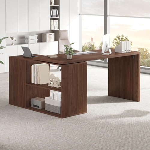 HSH 55-76 Inch Walnut Morden L Shaped Desk,Corner Desk with Storage Drawers | Reversible Home Office Desk,Wood 360 Rotating Executive Coumputer Desk With Open Shelves,Long For Work,Study,Gaming - color: Walnut
